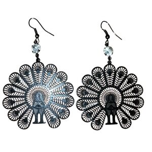 Laser Cut Black Peacock Dangle Earrings Clear Rhinestone Accents Boho Zen